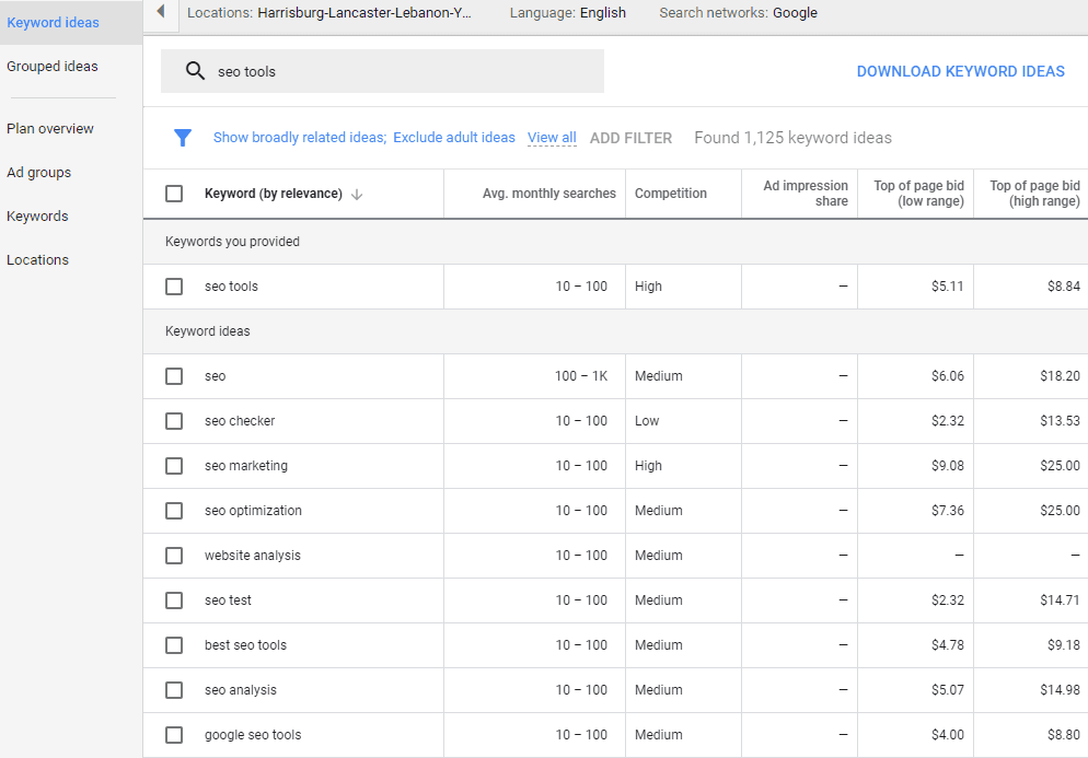 Keyword Planner screenshot