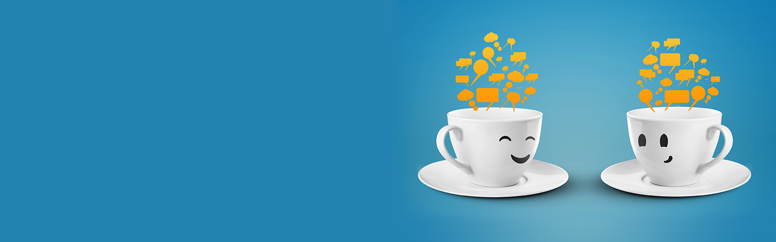 image banner with coffee cups having a conversation