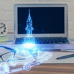 Desktop computer background in office and start up theme hologram drawing