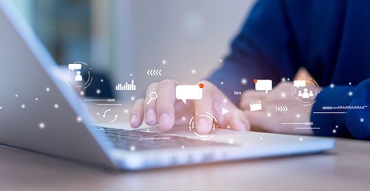 close up on man hand using tab pad on laptop to working about futuristic of social media marketing icon for internet network technology and business