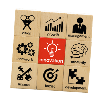 Innovation and business icons on Wooden Block