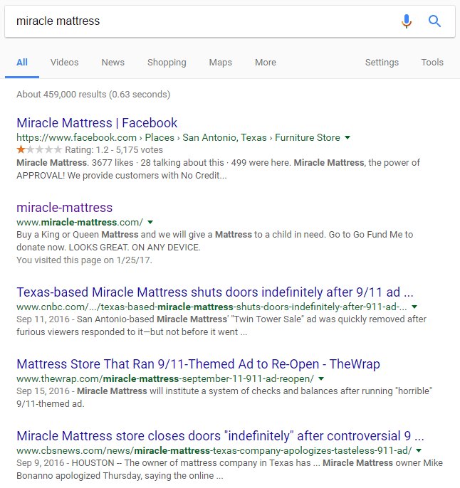 a screenshot of a search for miracle mattress