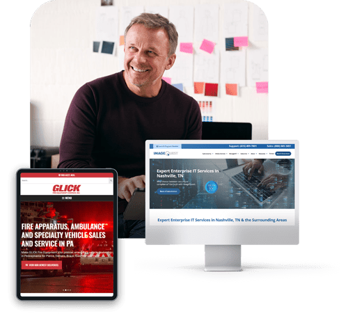 A happy business man showcased with two well-designed websites on desktop and tablet