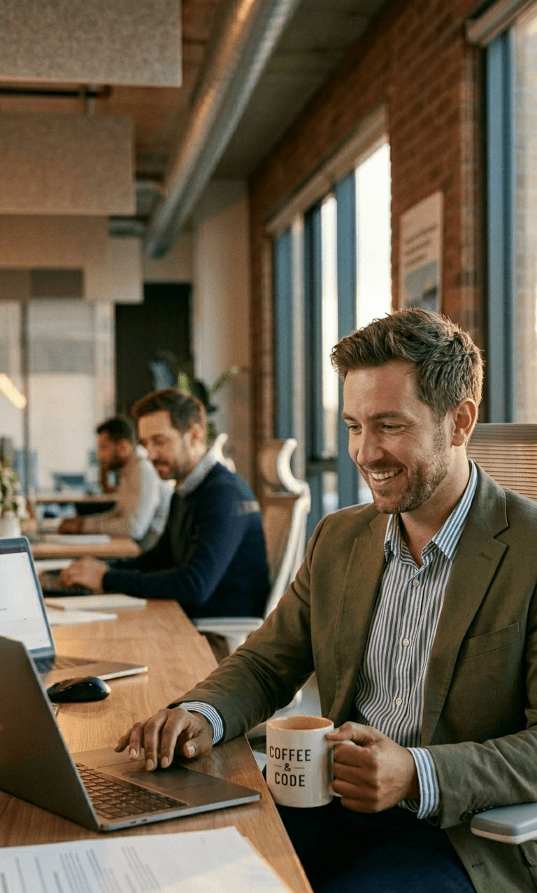 men look at laptop and smiling